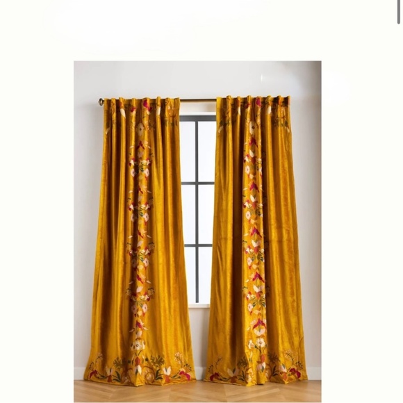 Fiori Velvet Embroidered Curtains Anthropologie 2 Panels 84” x50” - Picture 1 of 3